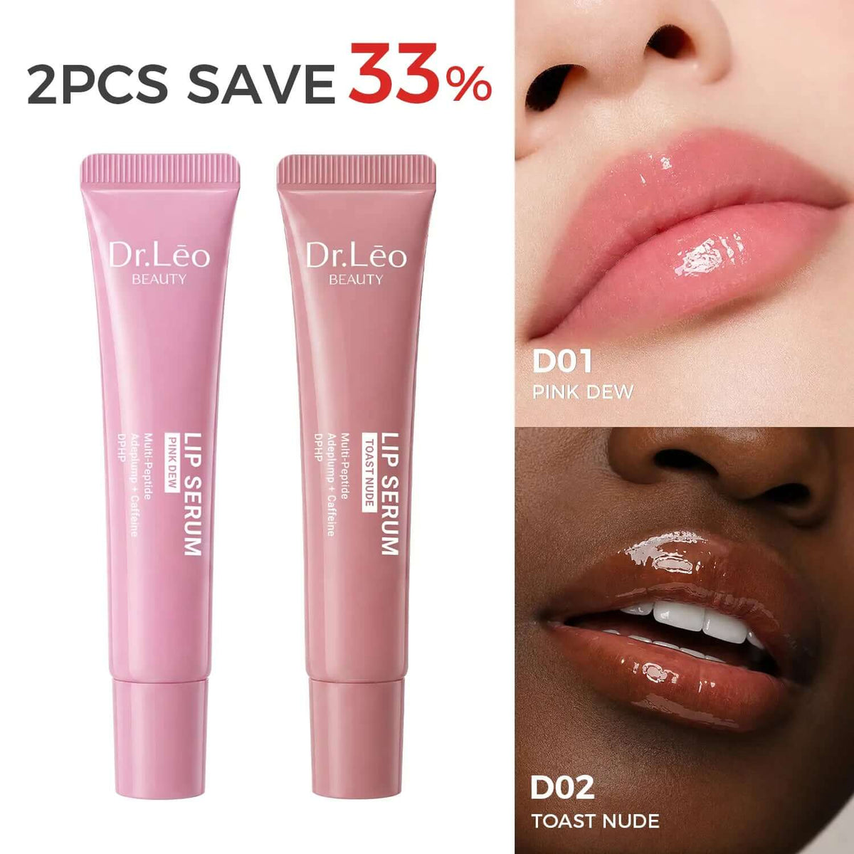 Dr.Leo Tinted Peptide Lip Serum – Brightens Dull-Looking Lips &amp; Smooths Lip Lines, Sheer-To-Buildable Glossy Color + Hydrating Lip Care, Pink Dew / Toast Nude, 15G 