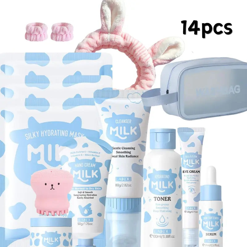 14PCS Milk Skincare Gift Set for Girls &amp; Women, Facial Care Kit with Cleanser, Toner, Serum, Eye Cream, Hand Cream, Face Masks, Headband &amp; Travel Cosmetic Bag, Hydrating &amp; Nourishing Skin Care Set