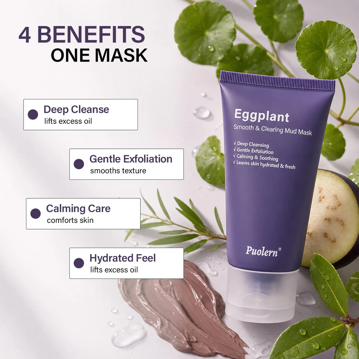 [ Puolern ] Smooth &amp; Clearing Eggplant Clay Mask, Deep Cleansing Face Care with Kaolin, Centella &amp; Hyaluronic Acid, 80 G