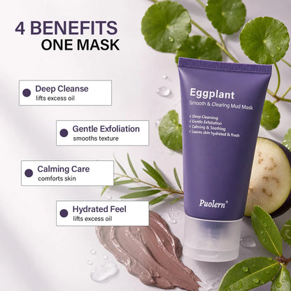 [ Puolern ] Smooth &amp; Clearing Eggplant Clay Mask, Deep Cleansing Face Care with Kaolin, Centella &amp; Hyaluronic Acid, 80 G