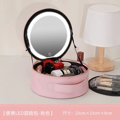 portable travel makeup storage with LED mirror