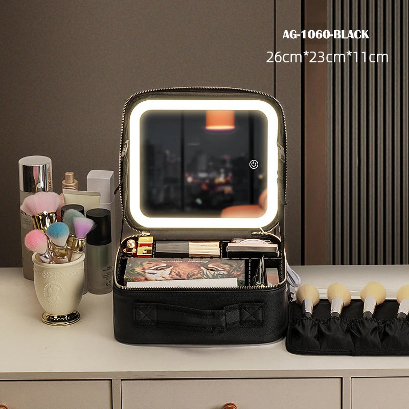 portable travel makeup storage with LED mirror