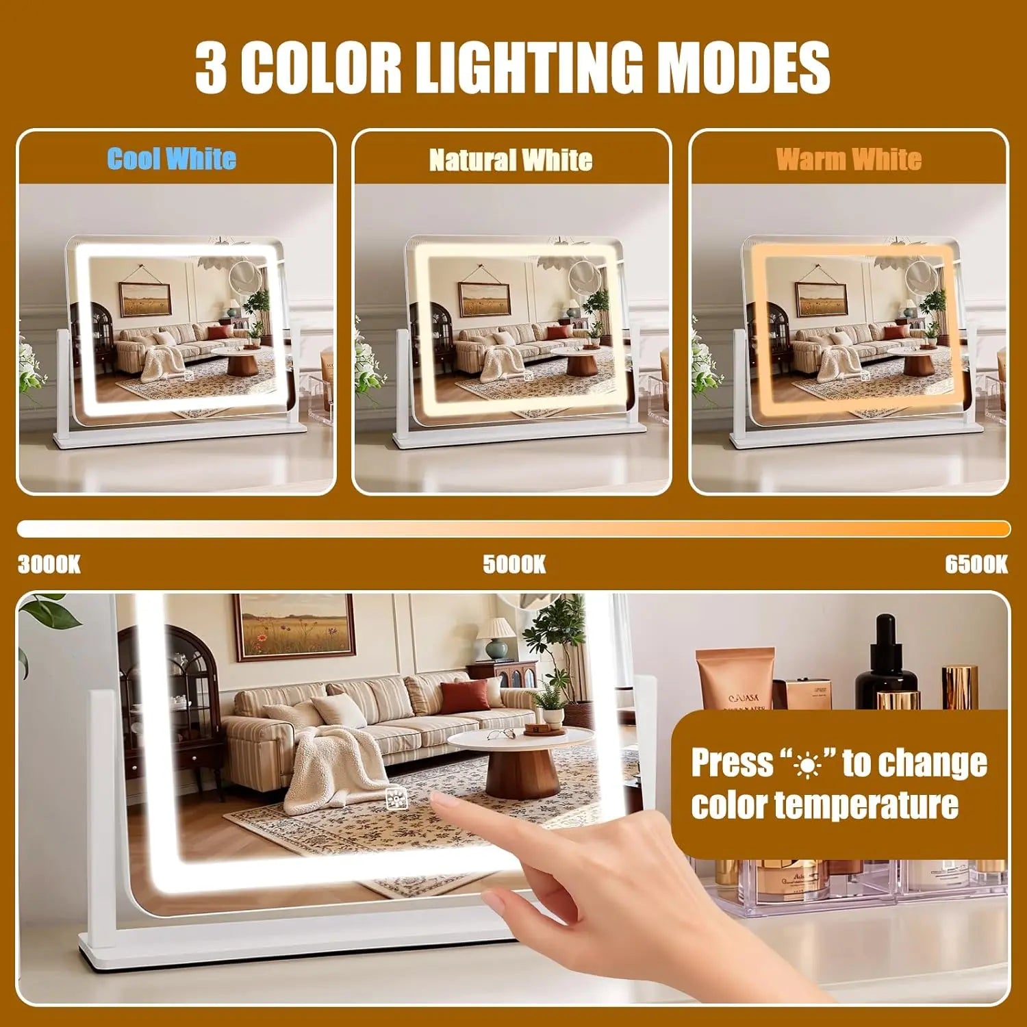 LED Lighted Vanity Makeup Mirror (White) - 16×12.4In Rectangle Frame, 10X Magnification, Smart Touch 3-Color Light Swap, Adjustable Dimmable, 360° Rotation, Gifts for Girlfriend, for Bath/Bedroom Makeup Desk