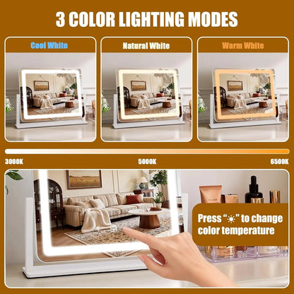 LED Lighted Vanity Makeup Mirror (White) - 16×12.4In Rectangle Frame, 10X Magnification, Smart Touch 3-Color Light Swap, Adjustable Dimmable, 360° Rotation, Gifts for Girlfriend, for Bath/Bedroom Makeup Desk