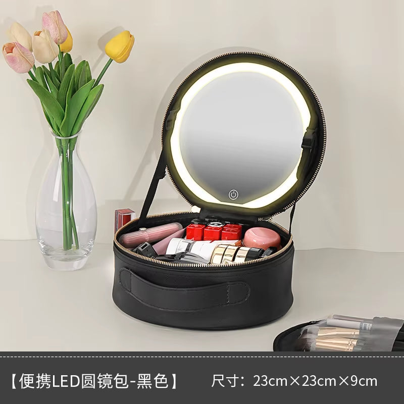 portable travel makeup storage with LED mirror