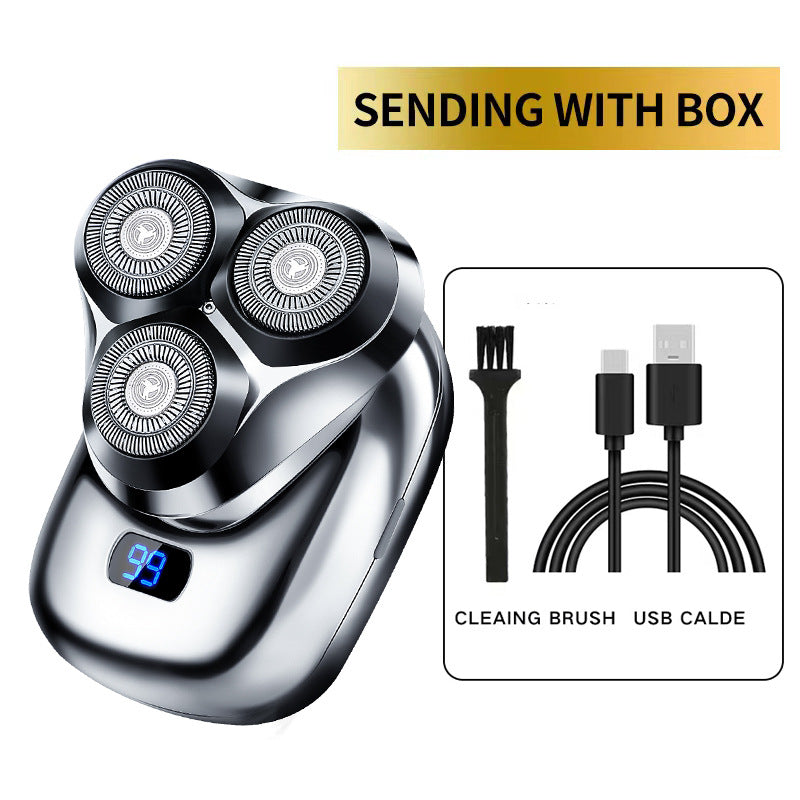 NNEDSZ TS-099 Gray Rechargeable Electric Rotary Shaver for Men with LED Display, USB Charging Cable, and Cleaning Brush - Compact &amp; Portable Design