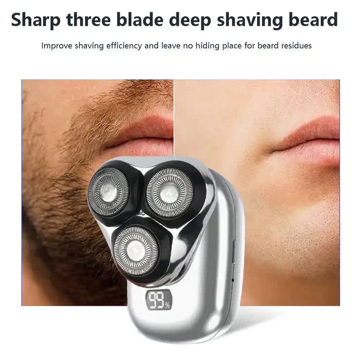 NNEDSZ TS-099 Gray Rechargeable Electric Rotary Shaver for Men with LED Display, USB Charging Cable, and Cleaning Brush - Compact &amp; Portable Design