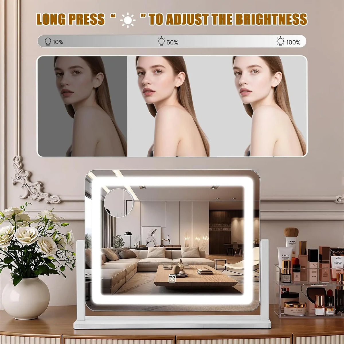 LED Lighted Vanity Makeup Mirror (White) - 16×12.4In Rectangle Frame, 10X Magnification, Smart Touch 3-Color Light Swap, Adjustable Dimmable, 360° Rotation, Gifts for Girlfriend, for Bath/Bedroom Makeup Desk