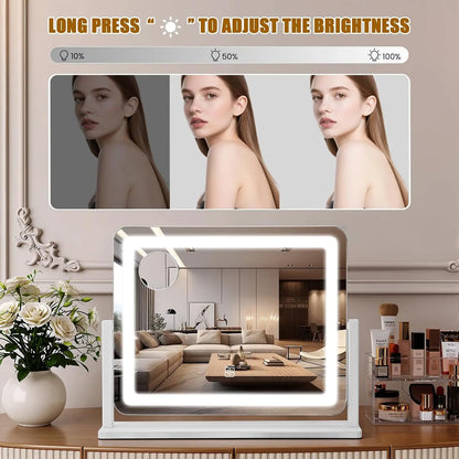 LED Lighted Vanity Makeup Mirror (White) - 16×12.4In Rectangle Frame, 10X Magnification, Smart Touch 3-Color Light Swap, Adjustable Dimmable, 360° Rotation, Gifts for Girlfriend, for Bath/Bedroom Makeup Desk