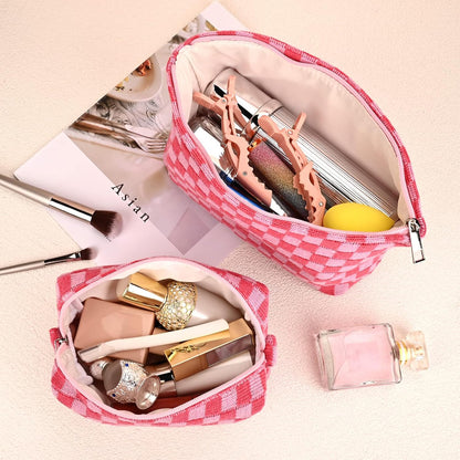 2 Pieces Makeup Bag Large Checkered Cosmetic Bag Pink Capacity Canvas Travel Toiletry Bag Organizer Cute Makeup Brushes Aesthetic Accessories Storage Bag for Women