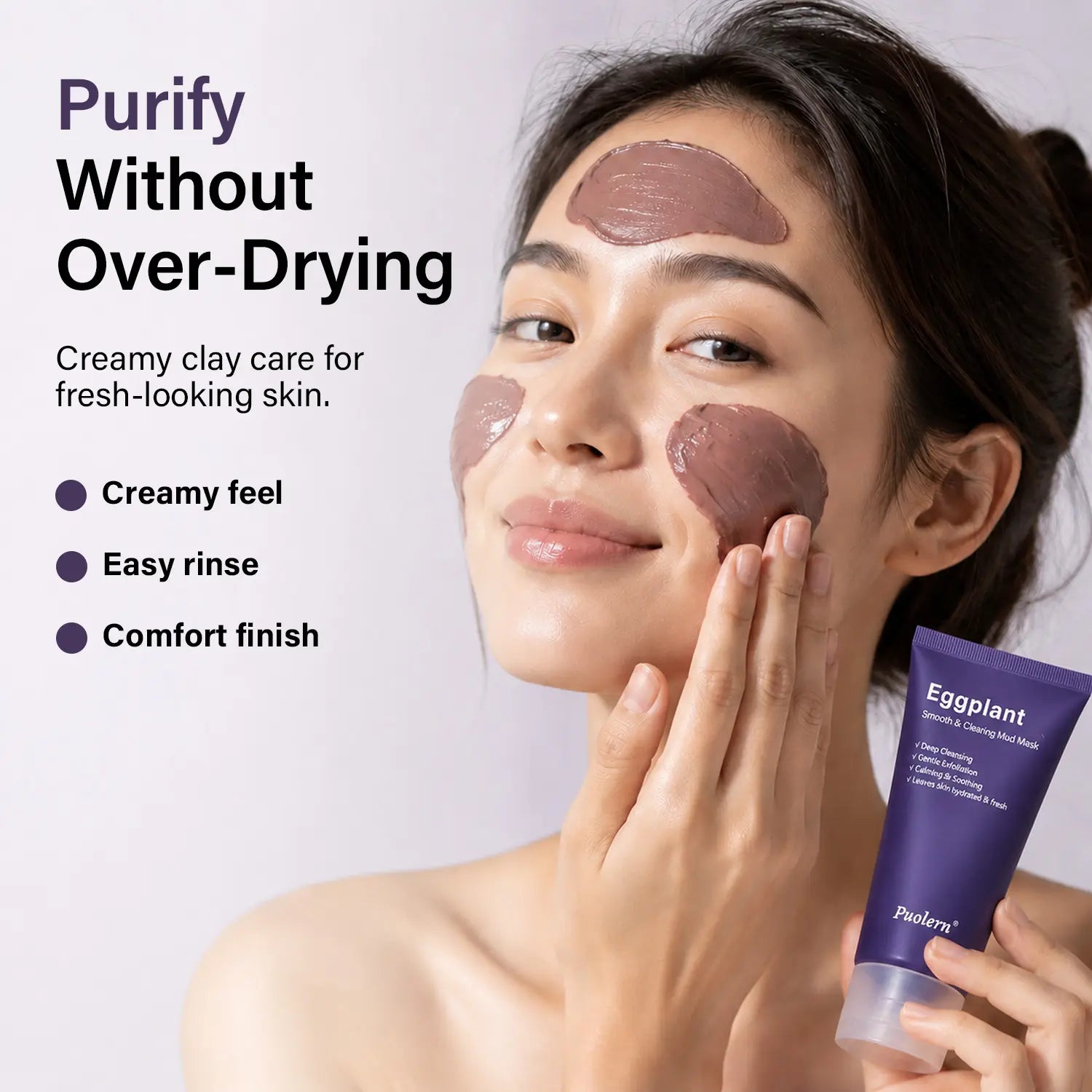 [ Puolern ] Smooth &amp; Clearing Eggplant Clay Mask, Deep Cleansing Face Care with Kaolin, Centella &amp; Hyaluronic Acid, 80 G
