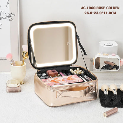 portable travel makeup storage with LED mirror