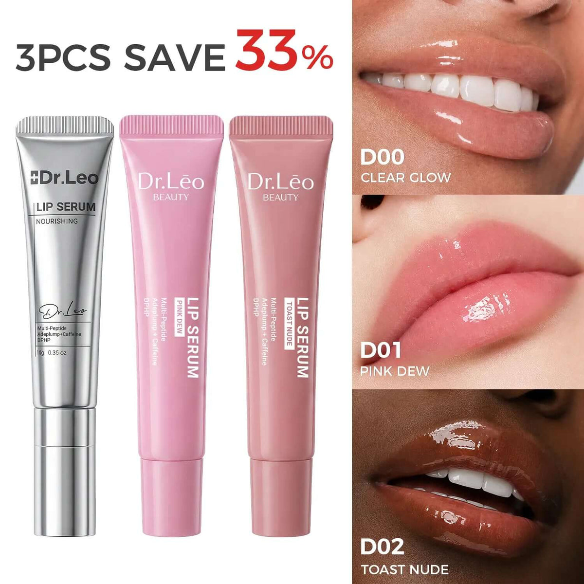 Dr.Leo Tinted Peptide Lip Serum – Brightens Dull-Looking Lips &amp; Smooths Lip Lines, Sheer-To-Buildable Glossy Color + Hydrating Lip Care, Pink Dew / Toast Nude, 15G 