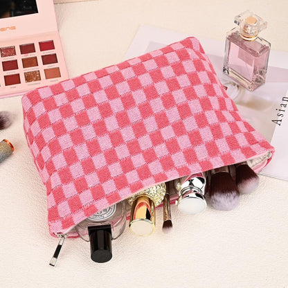 2 Pieces Makeup Bag Large Checkered Cosmetic Bag Pink Capacity Canvas Travel Toiletry Bag Organizer Cute Makeup Brushes Aesthetic Accessories Storage Bag for Women