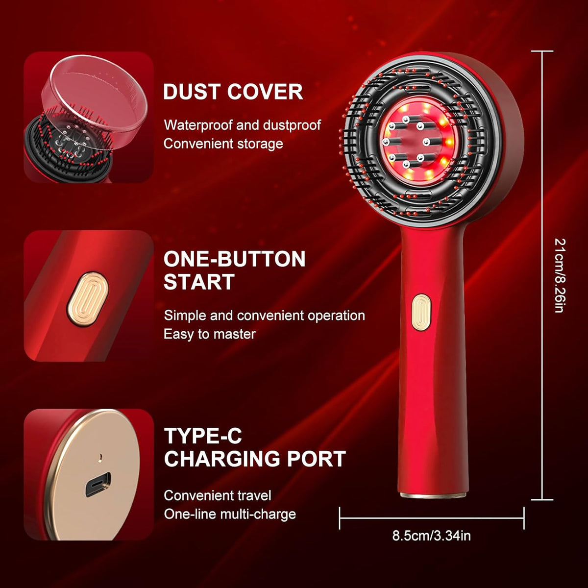 Electric Scalp Massager with Red Light, Hair Massager Brush with Oil Applicator, IPX7 Waterproof Cordless Head Scratcher, 3 Modes for Scalp Care &amp; Hair Growth(Red）