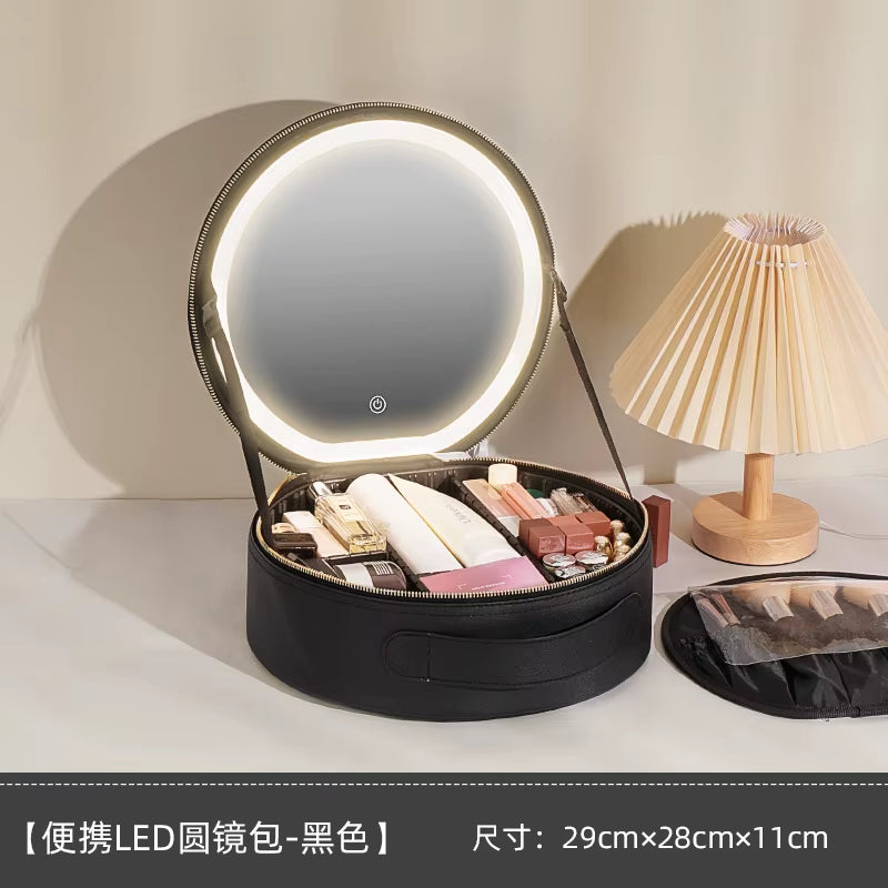 portable travel makeup storage with LED mirror
