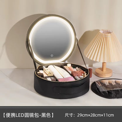 portable travel makeup storage with LED mirror