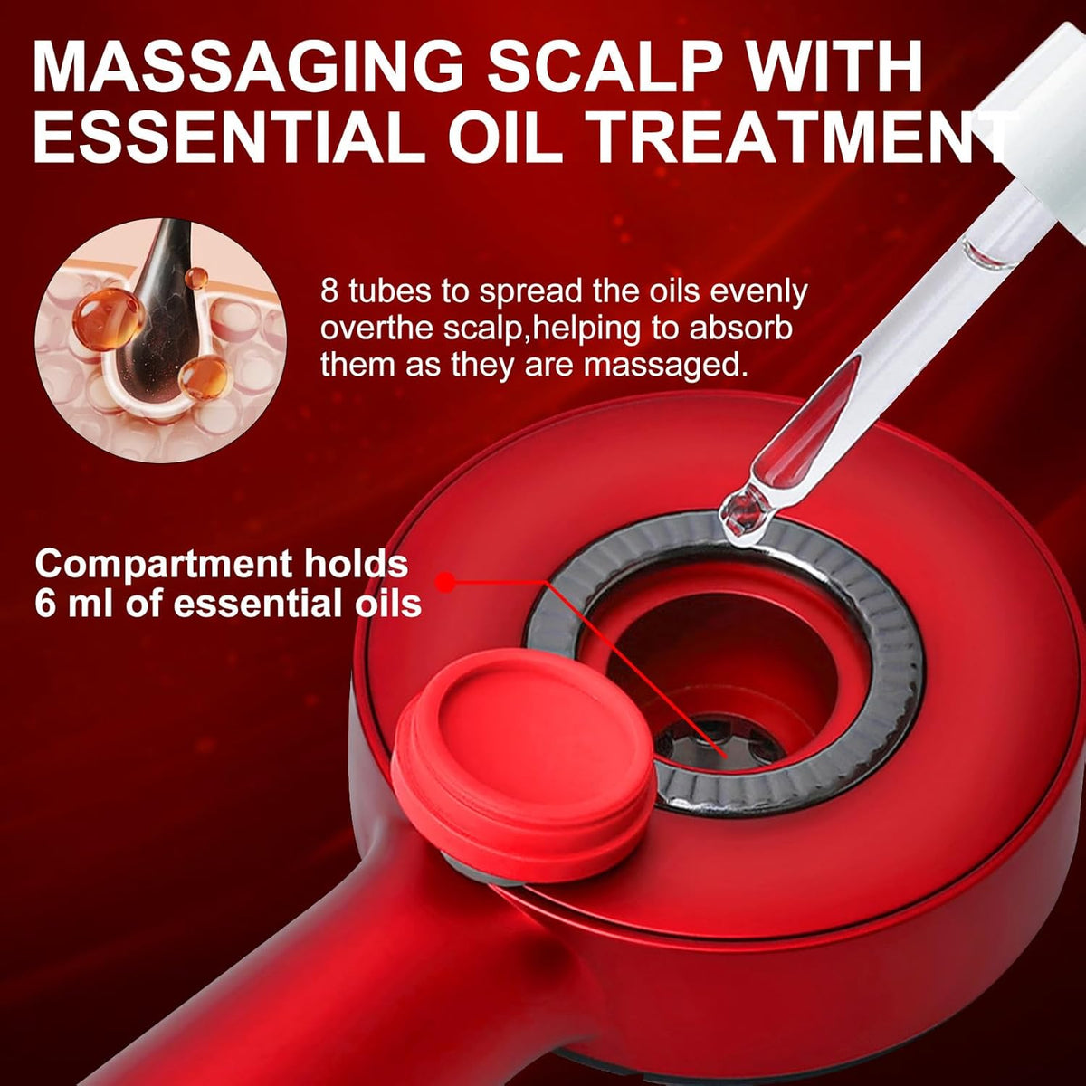 Electric Scalp Massager with Red Light, Hair Massager Brush with Oil Applicator, IPX7 Waterproof Cordless Head Scratcher, 3 Modes for Scalp Care &amp; Hair Growth(Red）