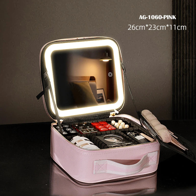 portable travel makeup storage with LED mirror