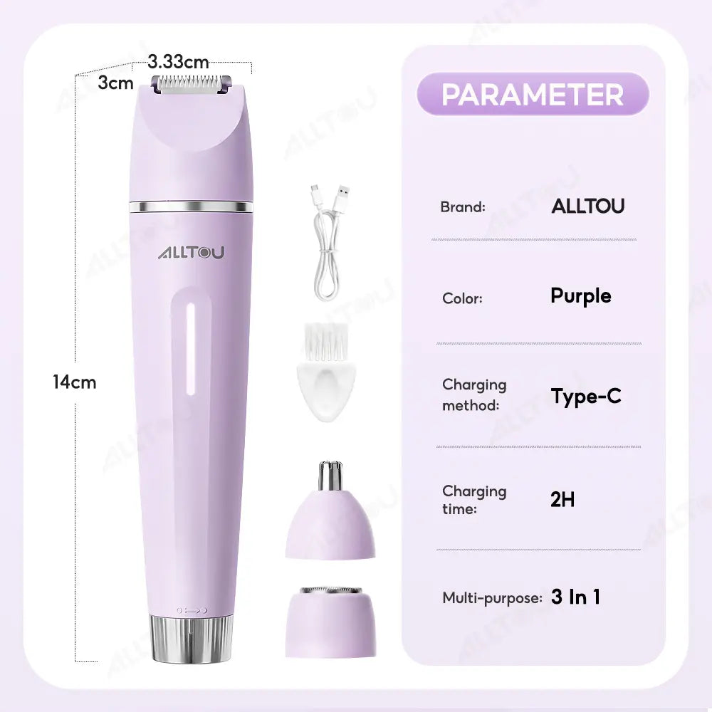 Alltou 3-In-1 Bikini Trimmer for Women, Electric Shaver &amp; Body Hair Remover, Rechargeable Hair Removal Tool with Replaceable Heads for Pubic Hair, Bikini Area, Face, Underarms and Legs,Dorm Essentials Tiktokshopbacktoschool