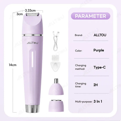 Alltou 3-In-1 Bikini Trimmer for Women, Electric Shaver &amp; Body Hair Remover, Rechargeable Hair Removal Tool with Replaceable Heads for Pubic Hair, Bikini Area, Face, Underarms and Legs,Dorm Essentials Tiktokshopbacktoschool