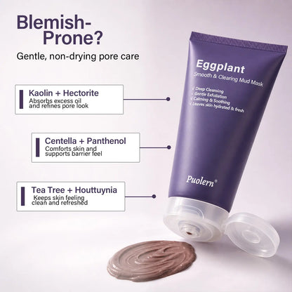 [ Puolern ] Smooth &amp; Clearing Eggplant Clay Mask, Deep Cleansing Face Care with Kaolin, Centella &amp; Hyaluronic Acid, 80 G