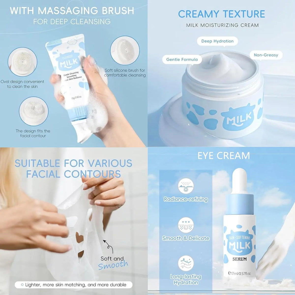 14PCS Milk Skincare Gift Set for Girls &amp; Women, Facial Care Kit with Cleanser, Toner, Serum, Eye Cream, Hand Cream, Face Masks, Headband &amp; Travel Cosmetic Bag, Hydrating &amp; Nourishing Skin Care Set