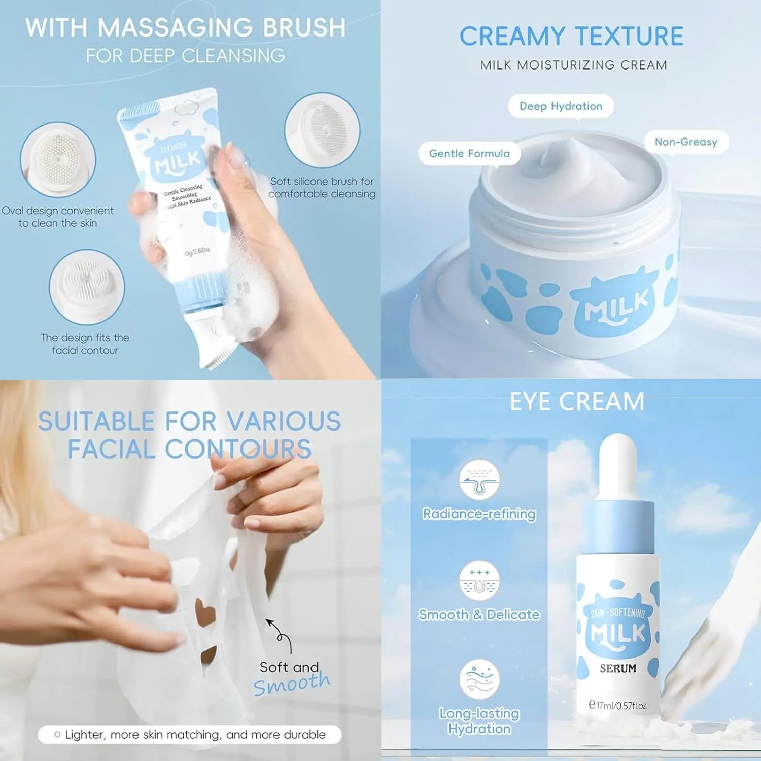 14PCS Milk Skincare Gift Set for Girls &amp; Women, Facial Care Kit with Cleanser, Toner, Serum, Eye Cream, Hand Cream, Face Masks, Headband &amp; Travel Cosmetic Bag, Hydrating &amp; Nourishing Skin Care Set