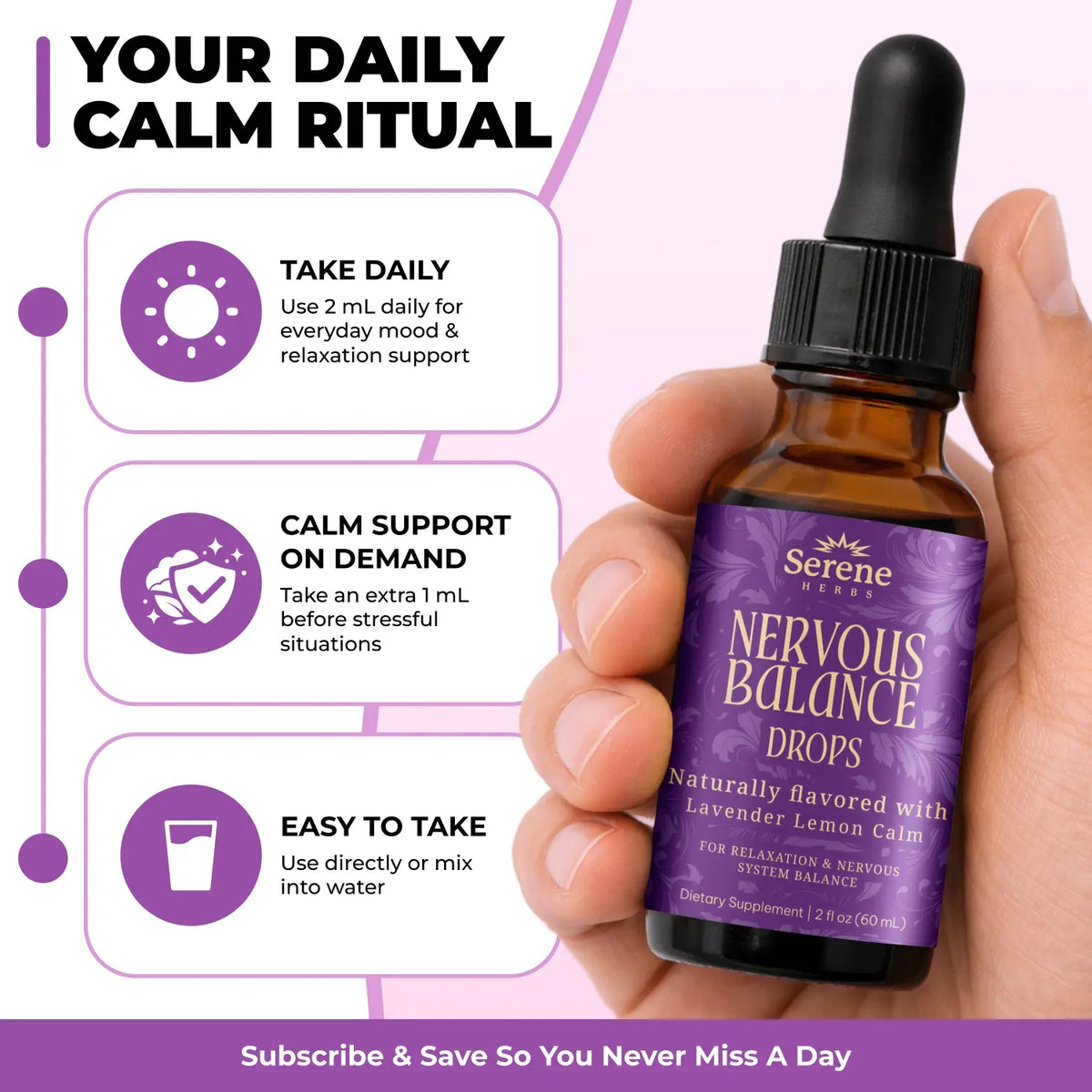 Serene Herbs Nervous Balance Drops – Calm Support Liquid, Lavender Lemon, 2 Fl Oz