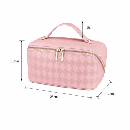 Travel Makeup Bag for Women, Lay-Flat Quilted Cosmetic Organizer, Waterproof and Portable Makeup Bag, Slanted Opening, Toiletry Bag, PU Cosmetic Organizer Bag, Handheld Cosmetic Pouch, Gift for Her