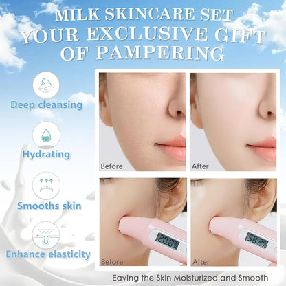 14PCS Milk Skincare Gift Set for Girls &amp; Women, Facial Care Kit with Cleanser, Toner, Serum, Eye Cream, Hand Cream, Face Masks, Headband &amp; Travel Cosmetic Bag, Hydrating &amp; Nourishing Skin Care Set