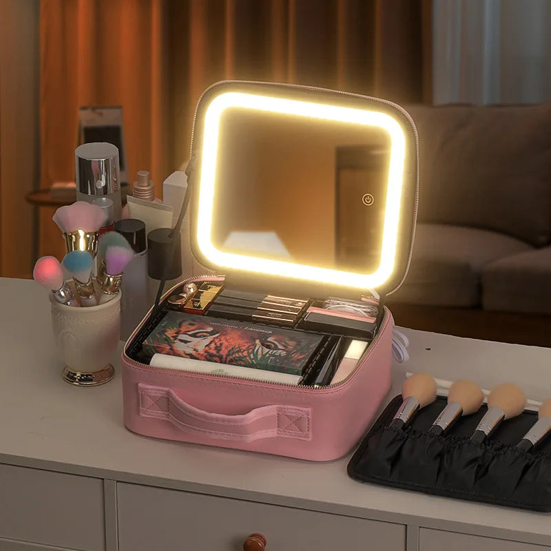 portable travel makeup storage with LED mirror