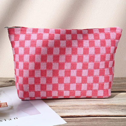 2 Pieces Makeup Bag Large Checkered Cosmetic Bag Pink Capacity Canvas Travel Toiletry Bag Organizer Cute Makeup Brushes Aesthetic Accessories Storage Bag for Women