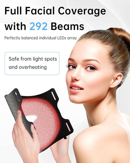 Infrared Red Light Therapy Mask for Face with Rechargeable LCD Controller | 292 Leds 15W Adjustable Time &amp; Intensity, 830Nm 633Nm 590Nm, Ultra-Thin 1.8Mm Flexible Silicone Design, Gen 1 Black Line