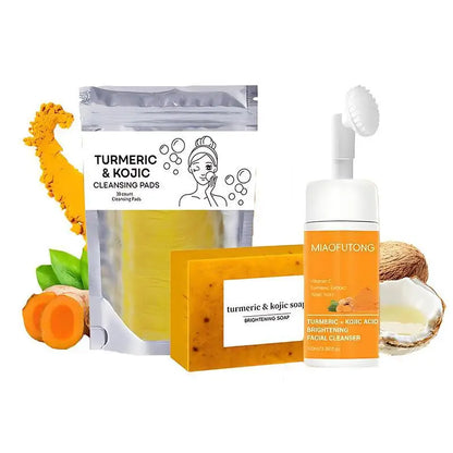 Turmeric Cleanser &amp; Soap Sets Deeply Cleansing Kojic Acid Blackhead Remover Skin Cleansing Oil Control Fade Acne Marks Brighten