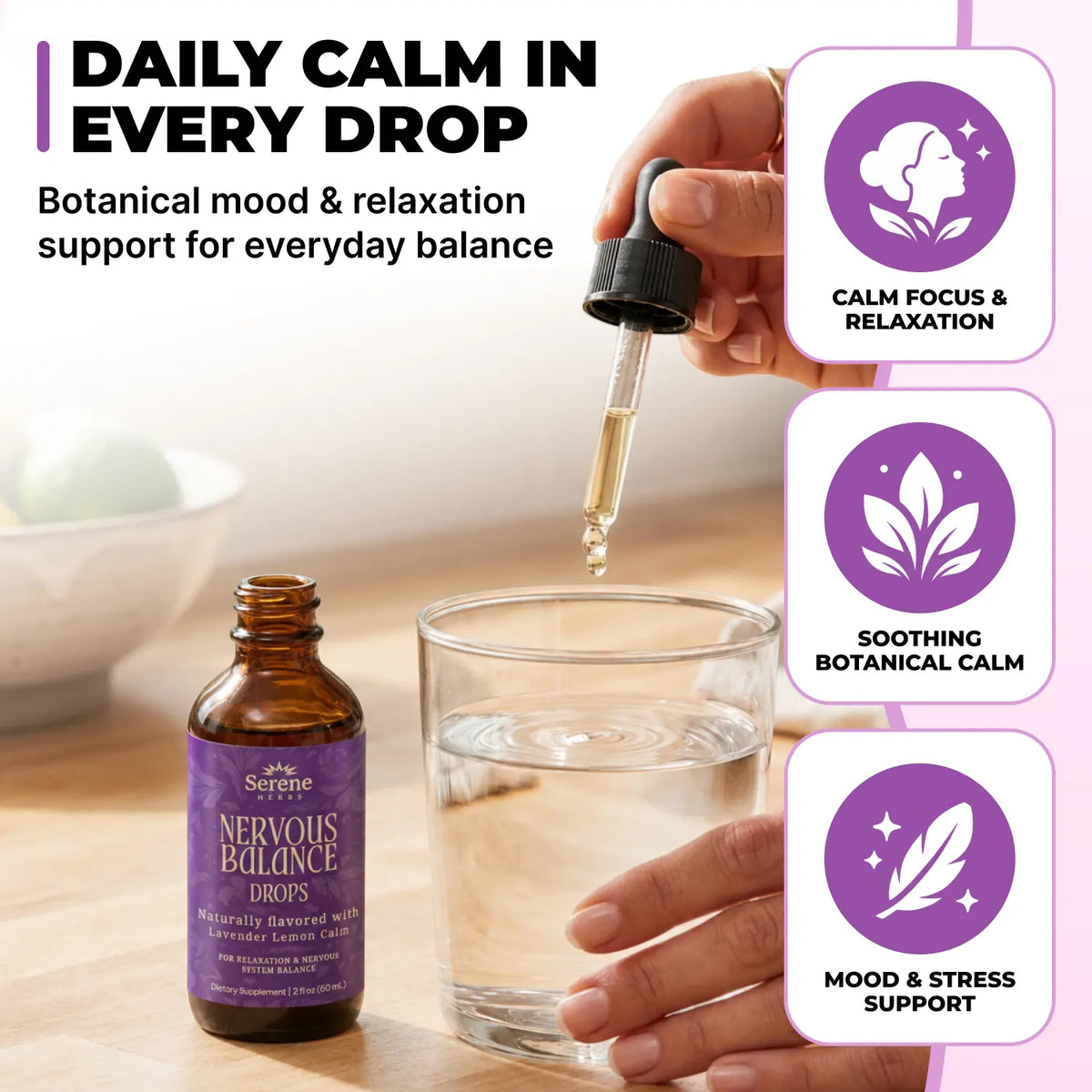 Serene Herbs Nervous Balance Drops – Calm Support Liquid, Lavender Lemon, 2 Fl Oz