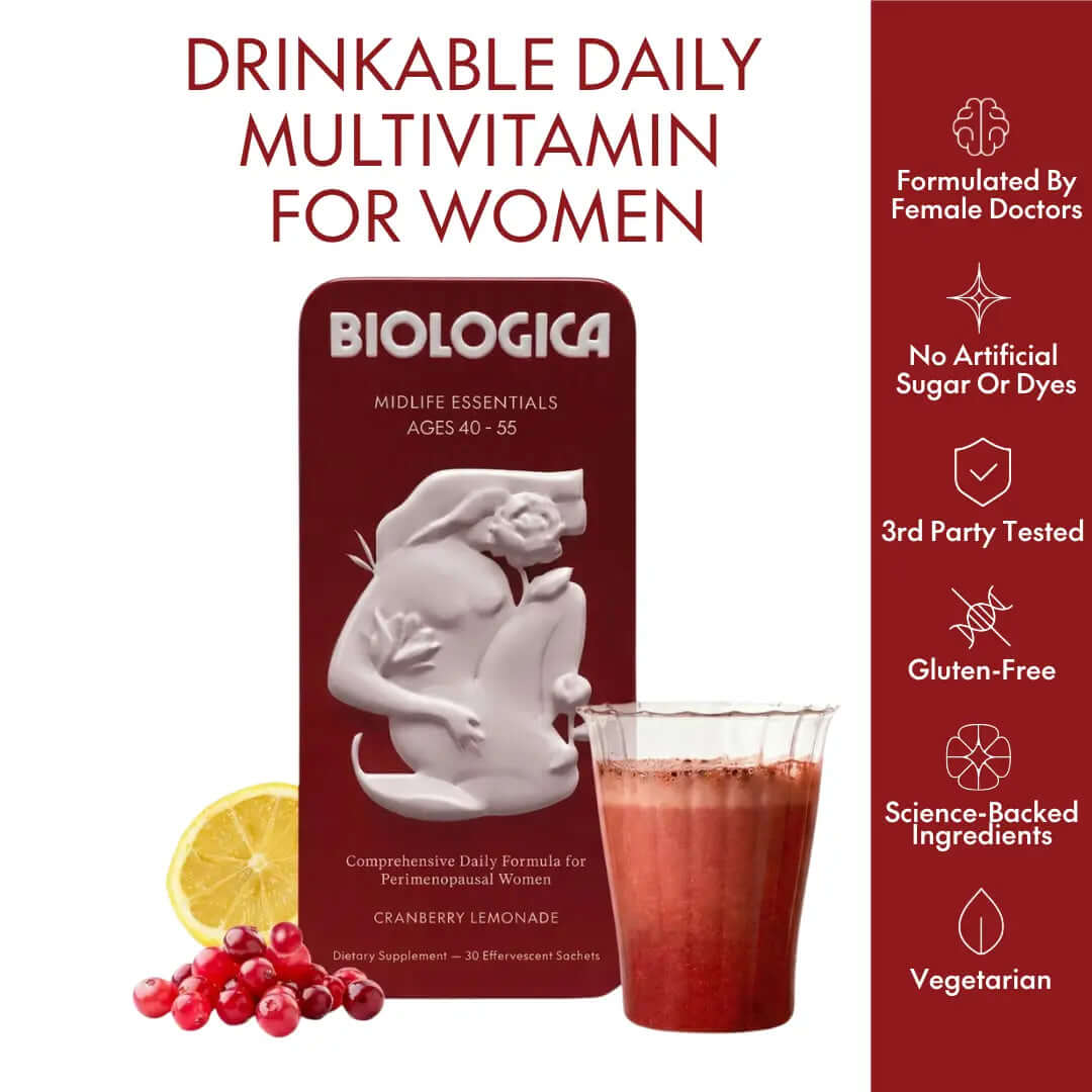 Perimenopause Supplement for Women – Biologica Midlife Essentials Effervescent Drink Mix, 30 Servings with Saffron, L-Theanine &amp; GABA for Mood, Sleep, Focus &amp; Stress Support, plus Probiotics, Ages 40-55 | Perimenopause Vitamins | Menopause Support