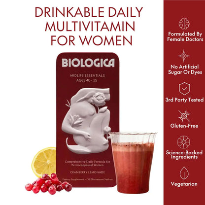 Perimenopause Supplement for Women – Biologica Midlife Essentials Effervescent Drink Mix, 30 Servings with Saffron, L-Theanine &amp; GABA for Mood, Sleep, Focus &amp; Stress Support, plus Probiotics, Ages 40-55 | Perimenopause Vitamins | Menopause Support