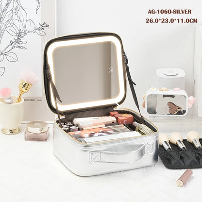 portable travel makeup storage with LED mirror