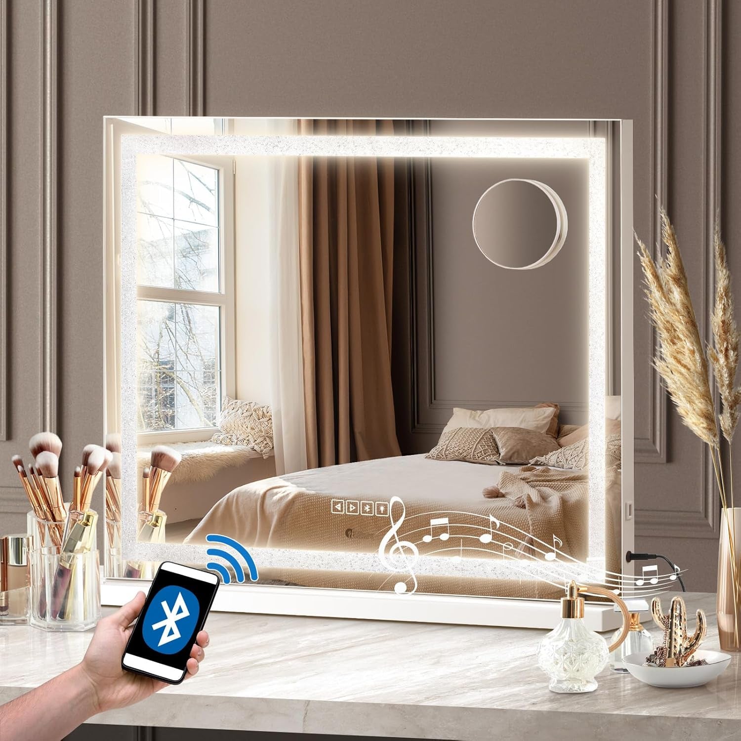 Hollywood Mirror Dimmable LED Bluetooth USB 10X Mag 58X49Cm