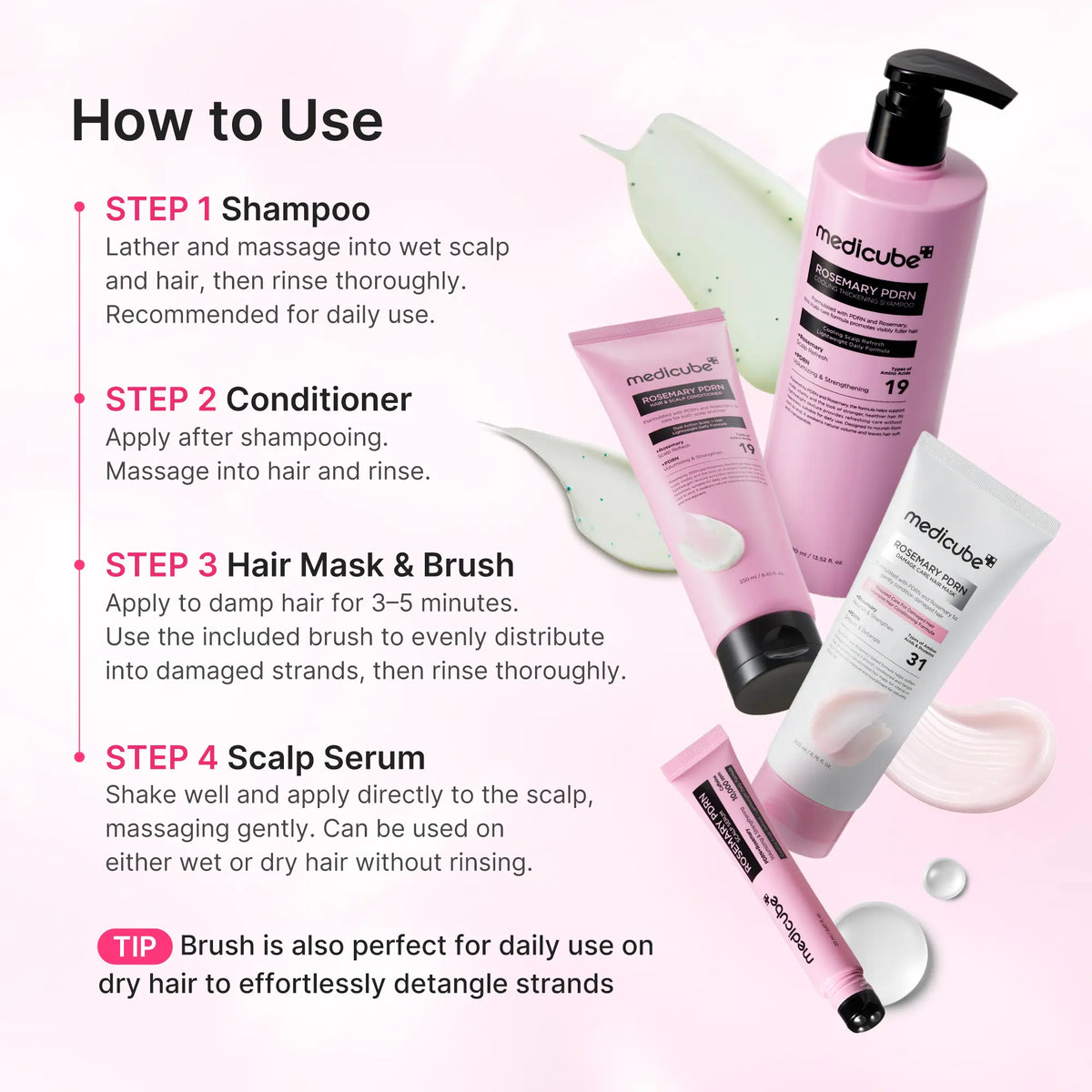 [LIMITED EDITION] Rosemary PDRN Hair Care Set | ALL-IN-ONE 4-Step Routine for Glass Hair | Shampoo, Conditioner, Hair Mask, Scalp Serum + FREE Brush | Care for Damaged, Frizzy Hair, Split Ends, Flaky &amp; Weakened Scalp | Korean Hair Care