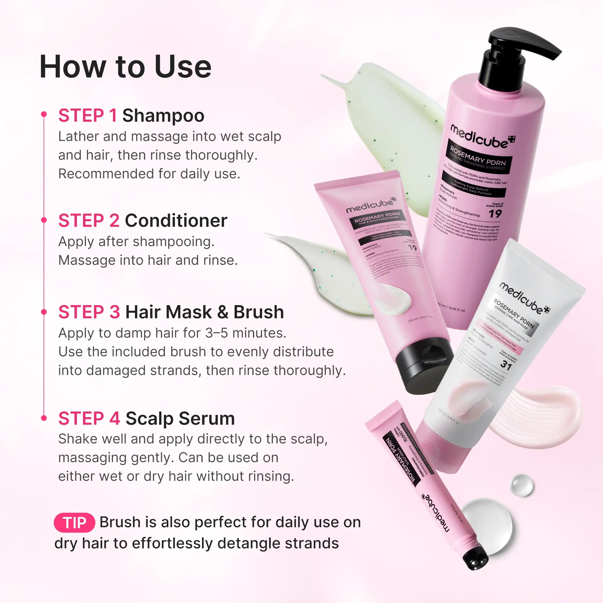 [LIMITED EDITION] Rosemary PDRN Hair Care Set | ALL-IN-ONE 4-Step Routine for Glass Hair | Shampoo, Conditioner, Hair Mask, Scalp Serum + FREE Brush | Care for Damaged, Frizzy Hair, Split Ends, Flaky &amp; Weakened Scalp | Korean Hair Care