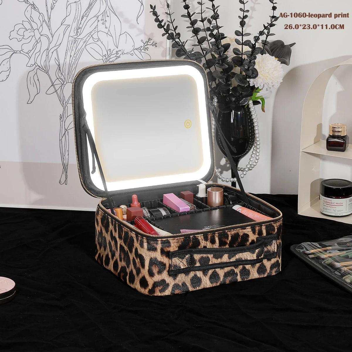 portable travel makeup storage with LED mirror